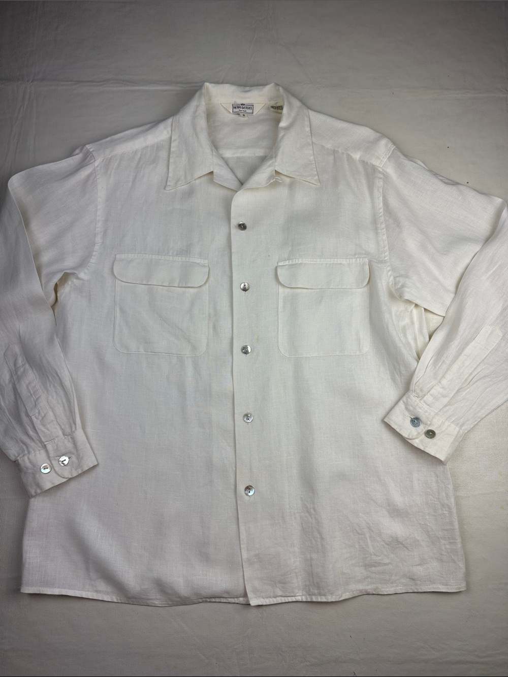 henri bendel Cream Long Sleeve Button-Down Linen Shirt Front Pockets Oversized S